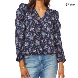 Navy Floral V-Neck Blouse